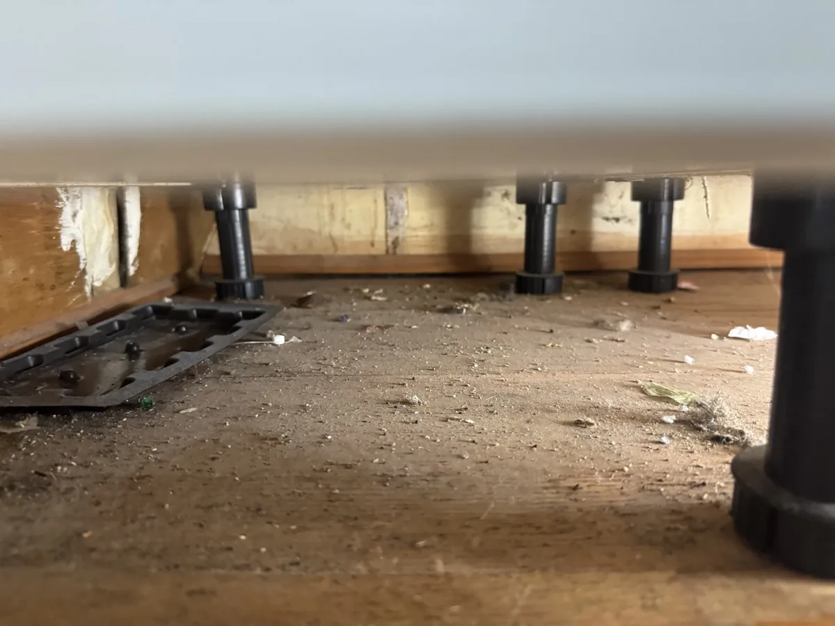 Under-cabinet area inspected for rodent activity in Queens apartment